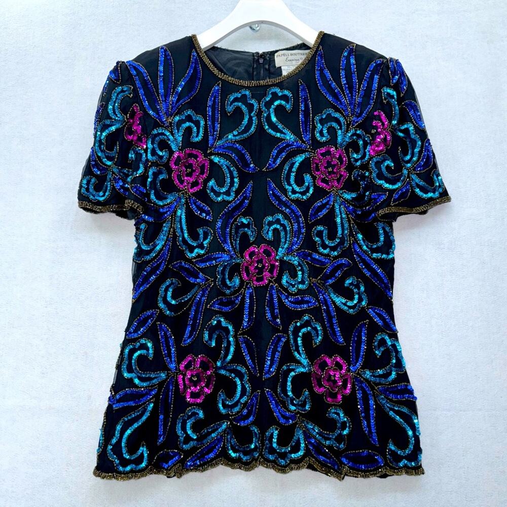 Vintage Women’s Papéll Boutique Evening Beaded Short Sleeve Blouse 100% silk M